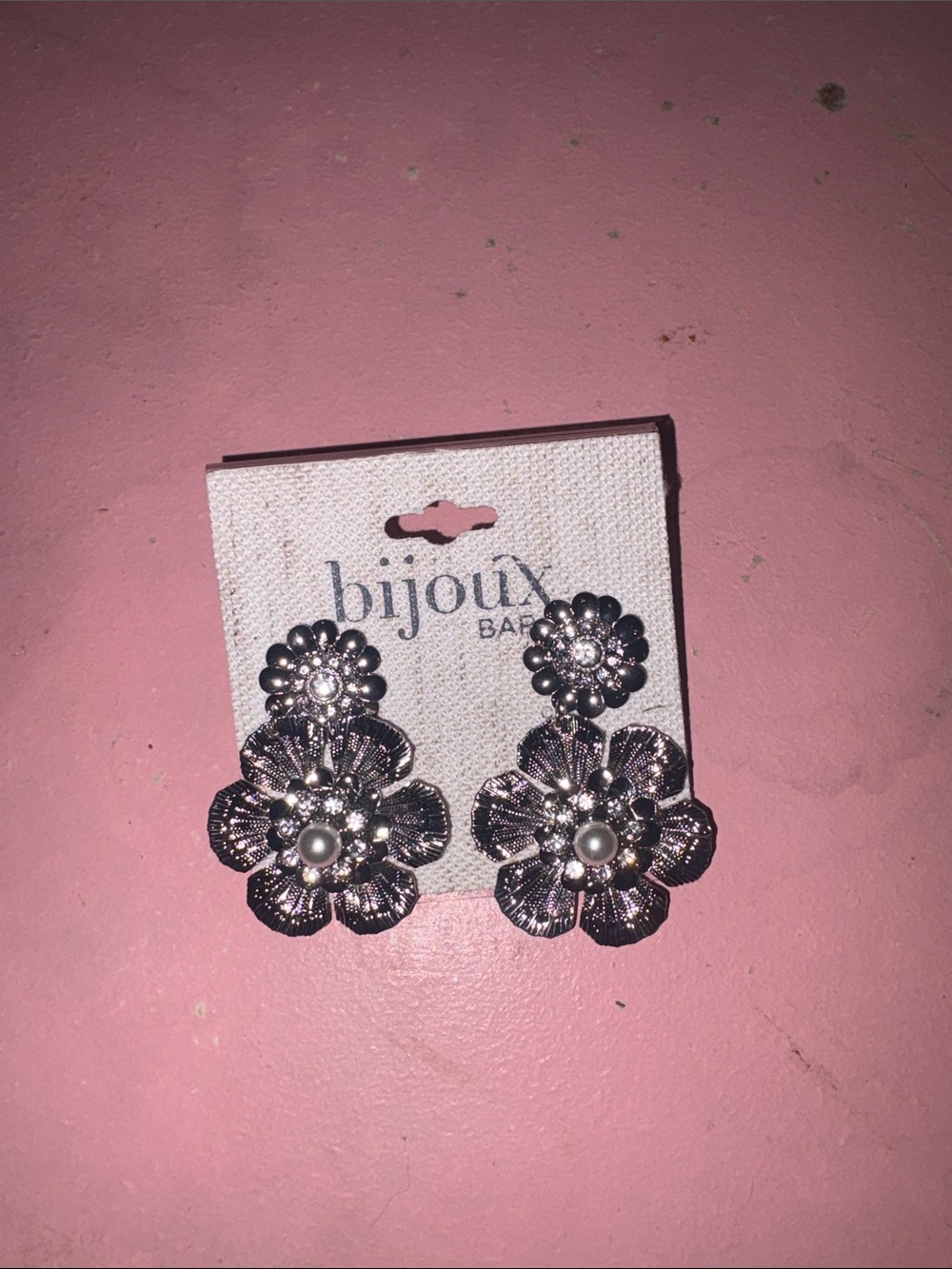 Silver Floral Drop Earrings with Pearl Center